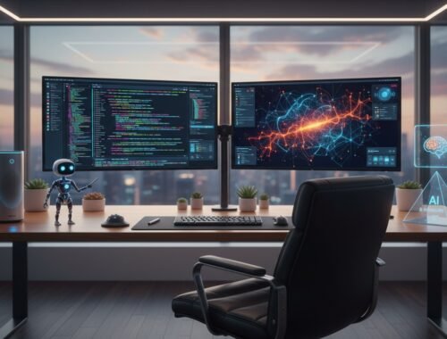 Modern workspace with dual monitors displaying coding and AI graphics, a sleek desk setup, and city skyline view, ideal for web development and tech projects.