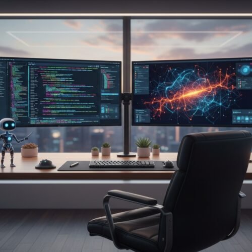 Modern workspace with dual monitors displaying coding and AI graphics, a sleek desk setup, and city skyline view, ideal for web development and tech projects.