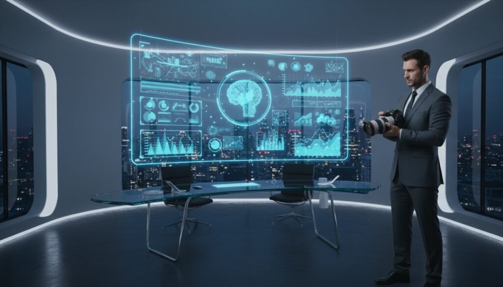 An executive in a sleek, futuristic office analyzes advanced digital data visualizations on a large transparent screen. The high-tech environment features curved walls and cityscape views, emphasizing.