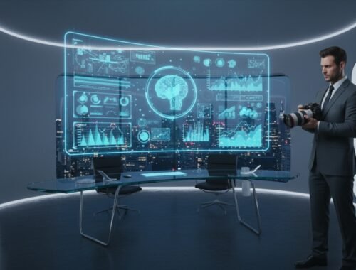 An executive in a sleek, futuristic office analyzes advanced digital data visualizations on a large transparent screen. The high-tech environment features curved walls and cityscape views, emphasizing.
