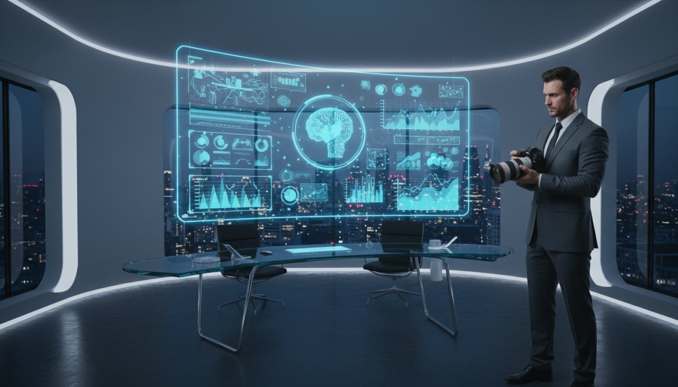 Best AI Tools for Business Growth in 2026: Top Picks 1 An executive in a sleek, futuristic office analyzes advanced digital data visualizations on a large transparent screen. The high-tech environment features curved walls and cityscape views, emphasizing.