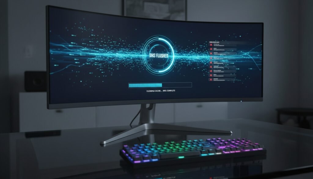 Resolution image of a modern curved computer monitor displaying a data transfer graphic with a colorful RGB keyboard in front.