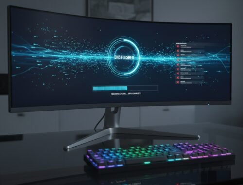 Resolution image of a modern curved computer monitor displaying a data transfer graphic with a colorful RGB keyboard in front.