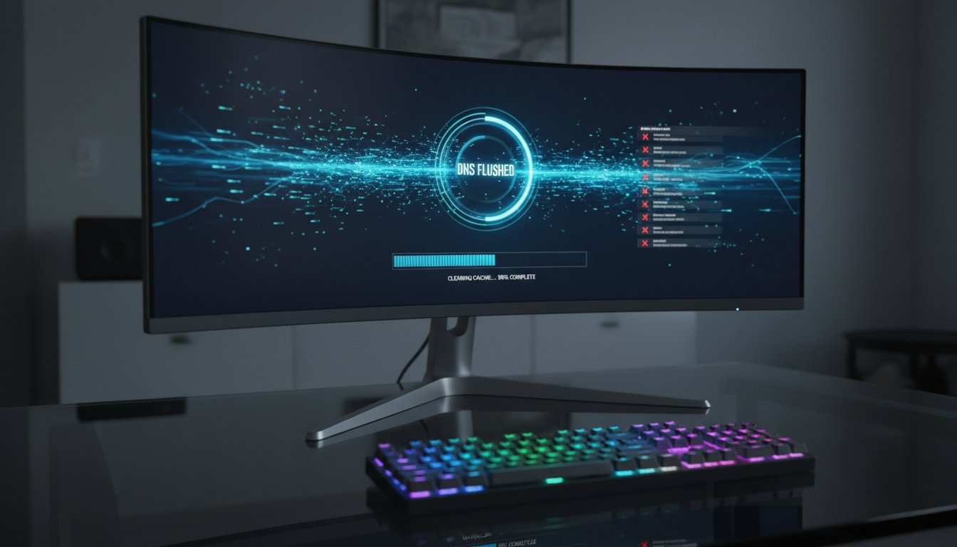 Resolution image of a modern curved computer monitor displaying a data transfer graphic with a colorful RGB keyboard in front.