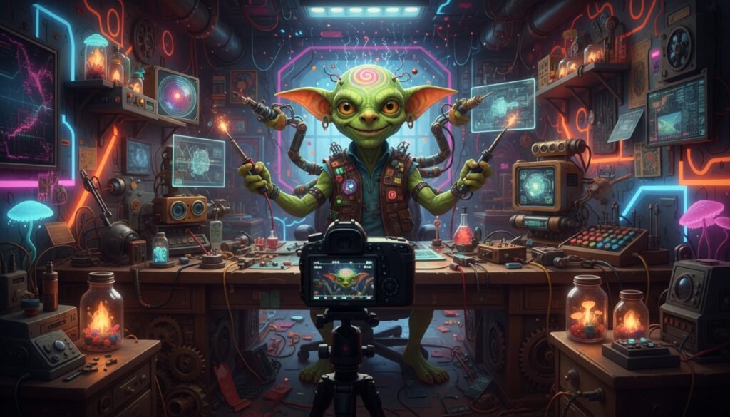 An adorable green alien with large ears and big eyes, surrounded by futuristic gadgets, monitors, and neon lighting in a vibrant, high-tech workspace.