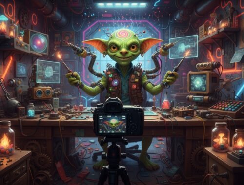An adorable green alien with large ears and big eyes, surrounded by futuristic gadgets, monitors, and neon lighting in a vibrant, high-tech workspace.