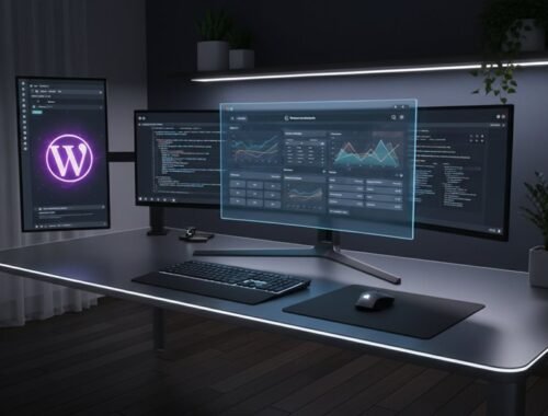 An analytics dashboard displayed on a modern computer monitor, showing various graphs, charts, and data metrics for website performance analysis.
