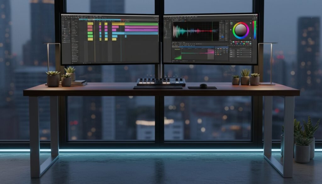 A modern workspace featuring dual computer monitors displaying video editing software, set on a sleek desk with potted plants, overlooking a city skyline at dusk.