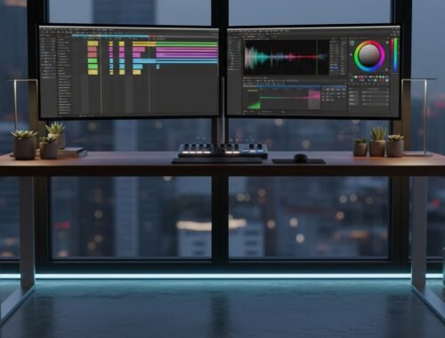A modern workspace featuring dual computer monitors displaying video editing software, set on a sleek desk with potted plants, overlooking a city skyline at dusk.
