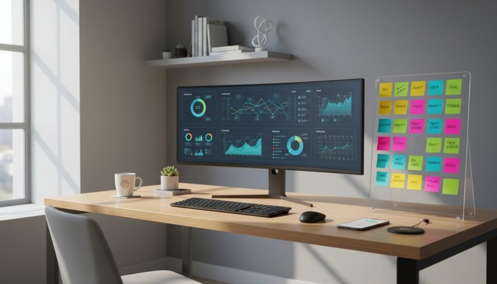 Modern workspace with dual-monitor setup displaying website analytics and data charts, along with a colorful sticky note board for task organization.