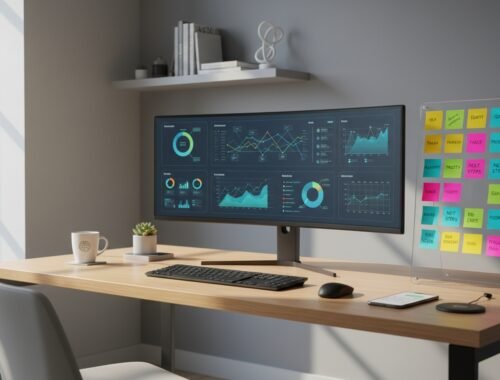 Modern workspace with dual-monitor setup displaying website analytics and data charts, along with a colorful sticky note board for task organization.