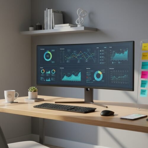 Modern workspace with dual-monitor setup displaying website analytics and data charts, along with a colorful sticky note board for task organization.