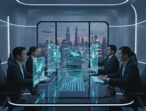 Business professionals in a high-tech conference room with holographic digital interfaces and city skyline view, discussing innovative project strategies.