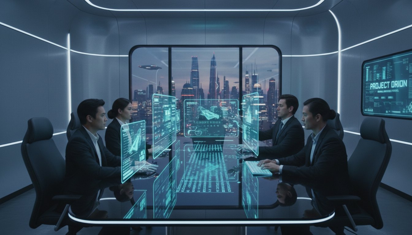 Business professionals in a high-tech conference room with holographic digital interfaces and city skyline view, discussing innovative project strategies.