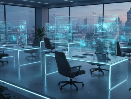 Modern office with holographic digital displays and workstations in a high-rise building overlooking a city skyline.