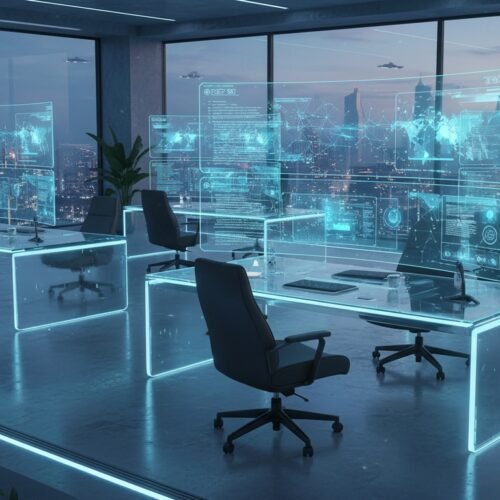 Modern office with holographic digital displays and workstations in a high-rise building overlooking a city skyline.
