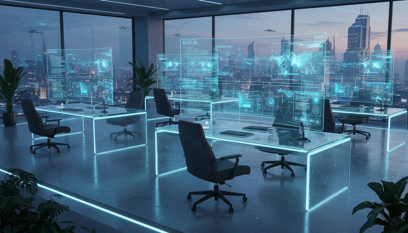Modern office with holographic digital displays and workstations in a high-rise building overlooking a city skyline.