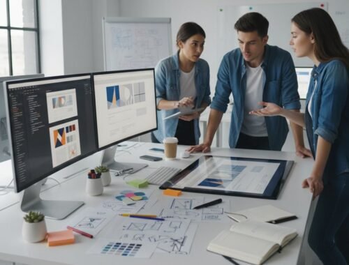 A team of three professionals collaborating on website design and development in a modern office with multiple monitors displaying web layouts and analytics.