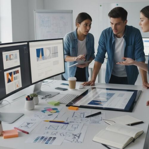 A team of three professionals collaborating on website design and development in a modern office with multiple monitors displaying web layouts and analytics.