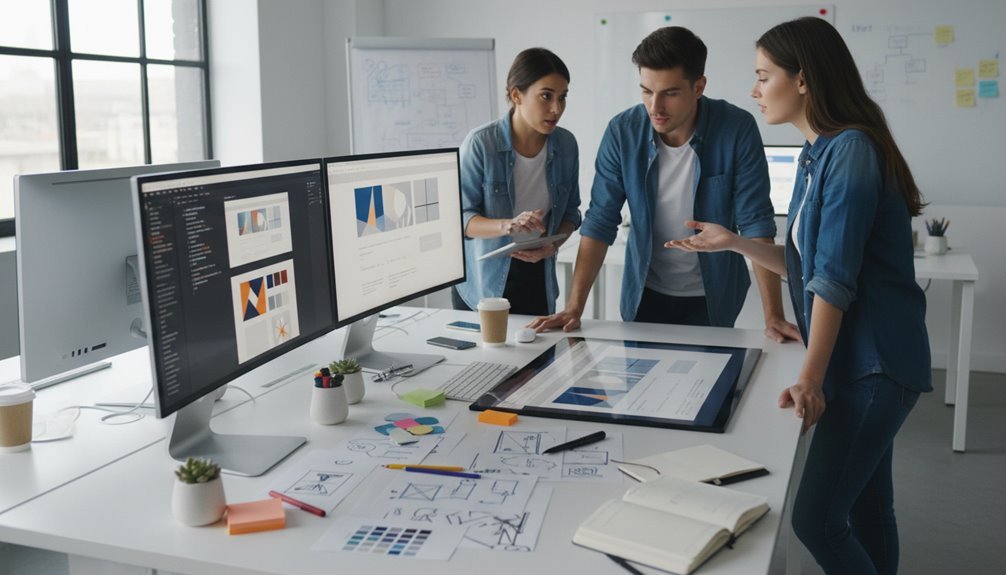 A team of three professionals collaborating on website design and development in a modern office with multiple monitors displaying web layouts and analytics.