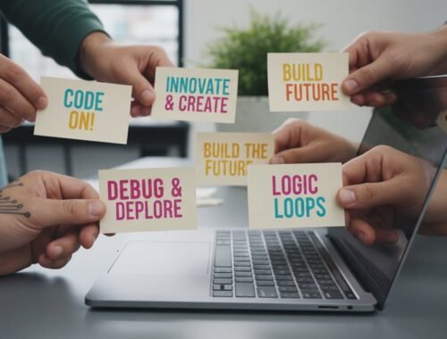 Group of people holding colorful cards with coding and development keywords around a laptop, symbolizing teamwork in software development and programming.