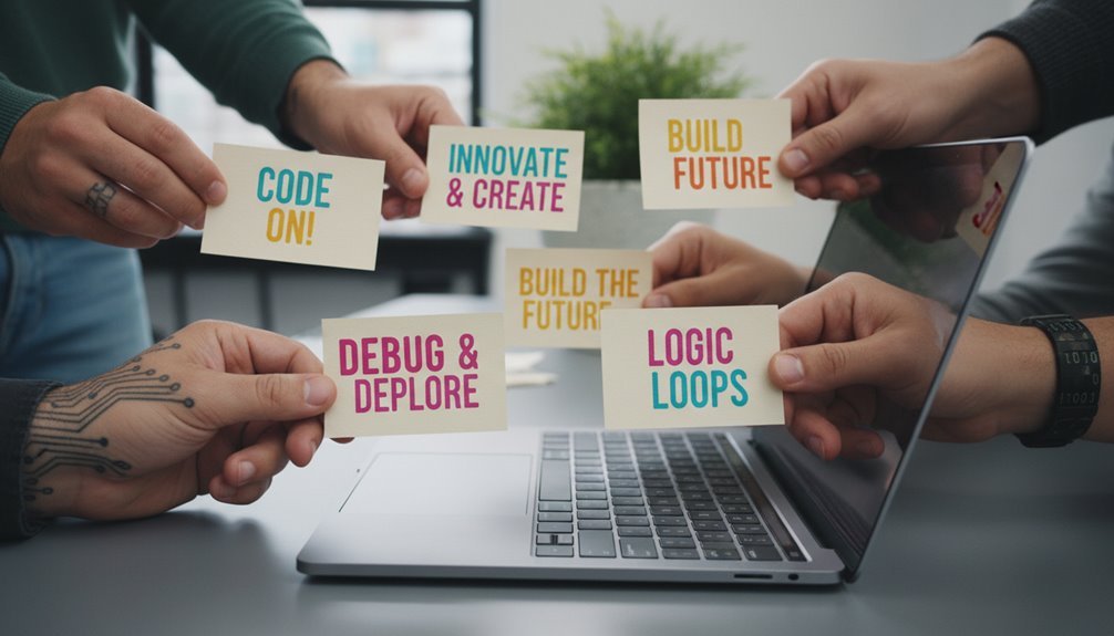 Group of people holding colorful cards with coding and development keywords around a laptop, symbolizing teamwork in software development and programming.