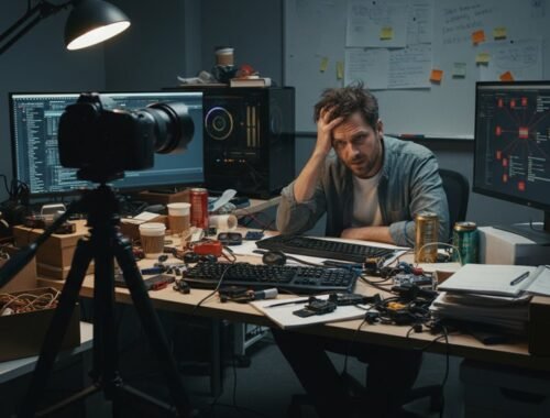 An overwhelmed web developer sitting at a cluttered desk with multiple monitors displaying coding and design projects, surrounded by coffee cups, snacks, and technical equipment.