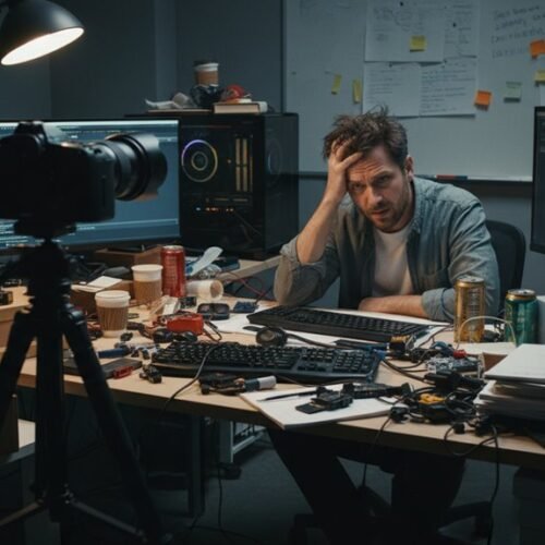An overwhelmed web developer sitting at a cluttered desk with multiple monitors displaying coding and design projects, surrounded by coffee cups, snacks, and technical equipment.