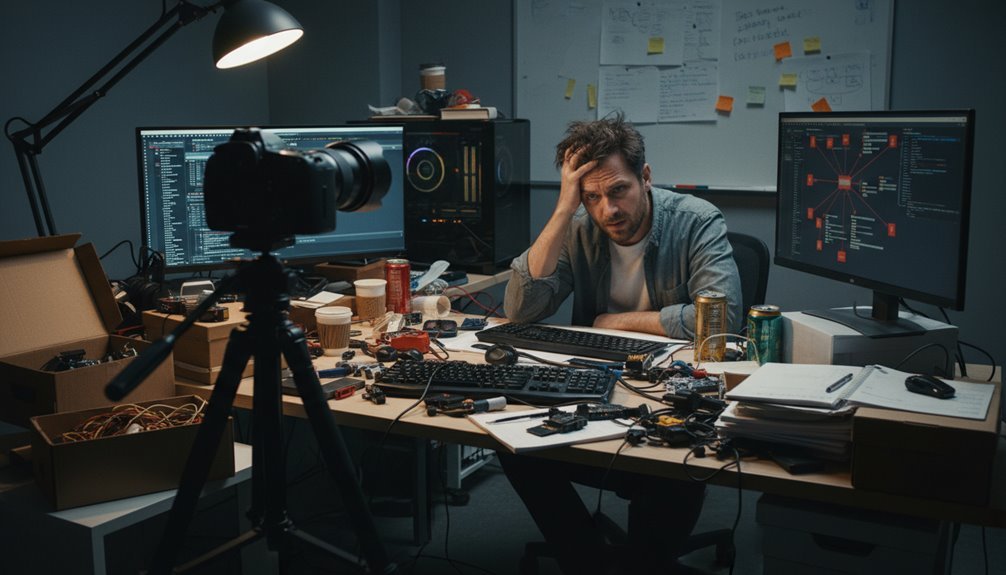 An overwhelmed web developer sitting at a cluttered desk with multiple monitors displaying coding and design projects, surrounded by coffee cups, snacks, and technical equipment.