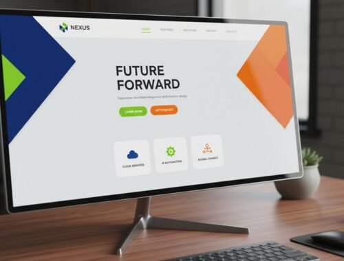 Modern website dashboard displayed on a sleek monitor, showcasing future-forward design with colorful geometric elements and navigation options.