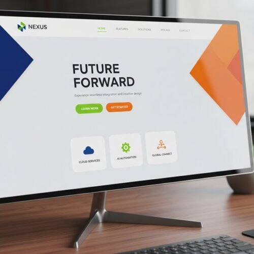 Modern website dashboard displayed on a sleek monitor, showcasing future-forward design with colorful geometric elements and navigation options.