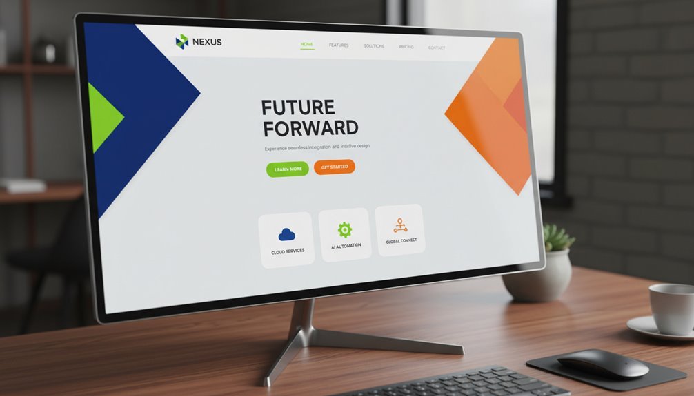 Modern website dashboard displayed on a sleek monitor, showcasing future-forward design with colorful geometric elements and navigation options.