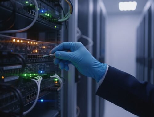 Technician in blue gloves working on server racks in a data center with illuminated network hardware.