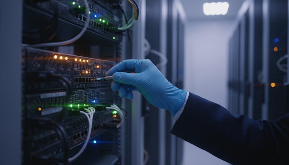 Technician in blue gloves working on server racks in a data center with illuminated network hardware.