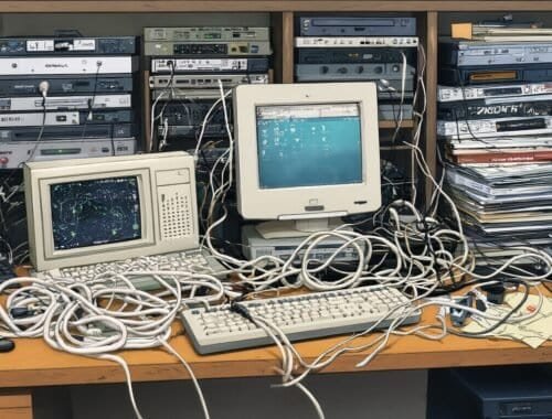 Old computer equipment cluttered desk with tangled cables and outdated monitors.