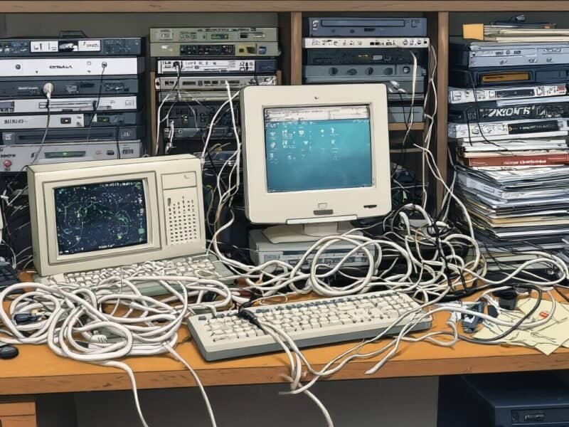 Old computer equipment cluttered desk with tangled cables and outdated monitors.