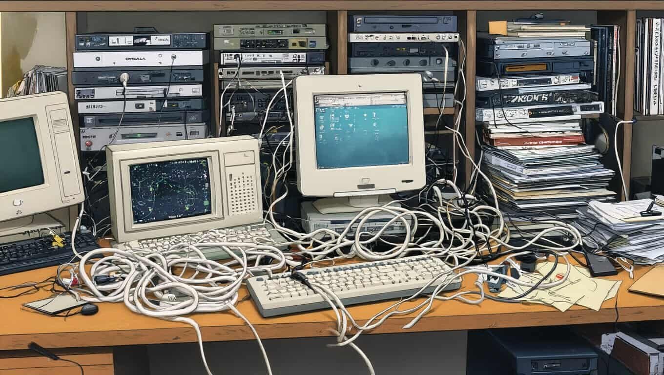 Old computer equipment cluttered desk with tangled cables and outdated monitors.