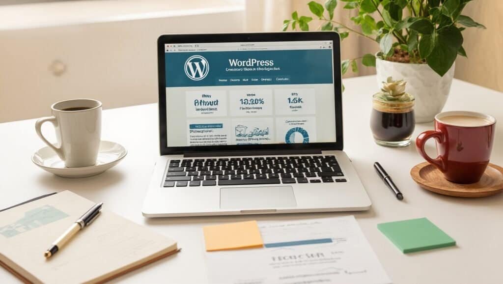 An open laptop displaying a WordPress dashboard with website analytics and tools, placed on a desk with notebooks, pens, and coffee cups, in a bright, modern workspace.