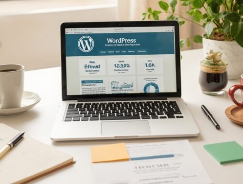 An open laptop displaying a WordPress dashboard with website analytics and tools, placed on a desk with notebooks, pens, and coffee cups, in a bright, modern workspace.